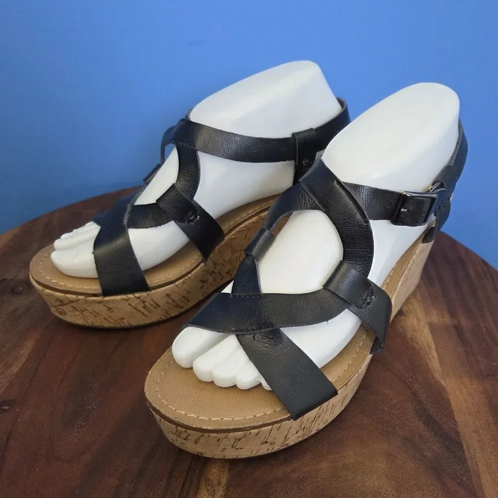 G.H. Bass & Co Garland Black Leather Wedge Cork Heel Sandals Womens 8M